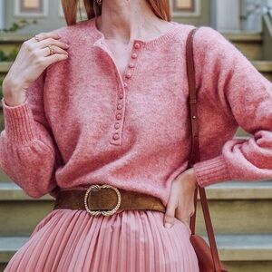 Sezane Leon Jumper Wool Mohair Blend Henley Knit Sweater Pink/Rose  XSmall